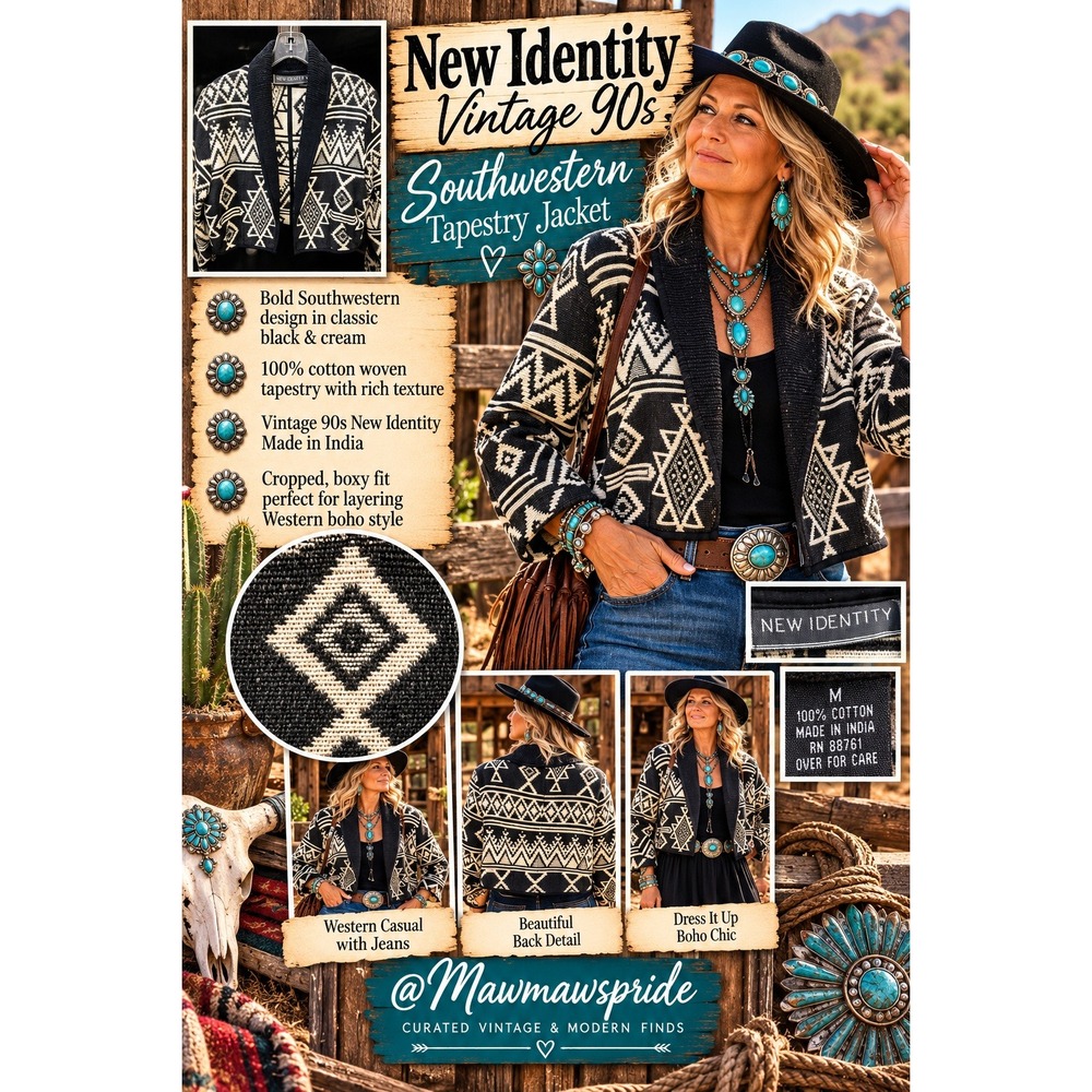 Vintage 90s New Identity Southwestern Tapestry Jacket Black Cream Cotton Cropped
